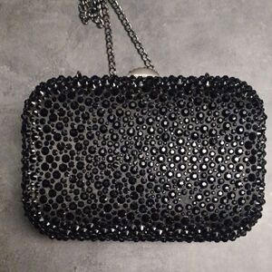 Olga Berg Black Crystal-Embellished Clutch with Chain